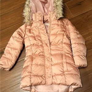 H&M Girls' Pink Hooded Puffer Coat with Faux-Fur Trim